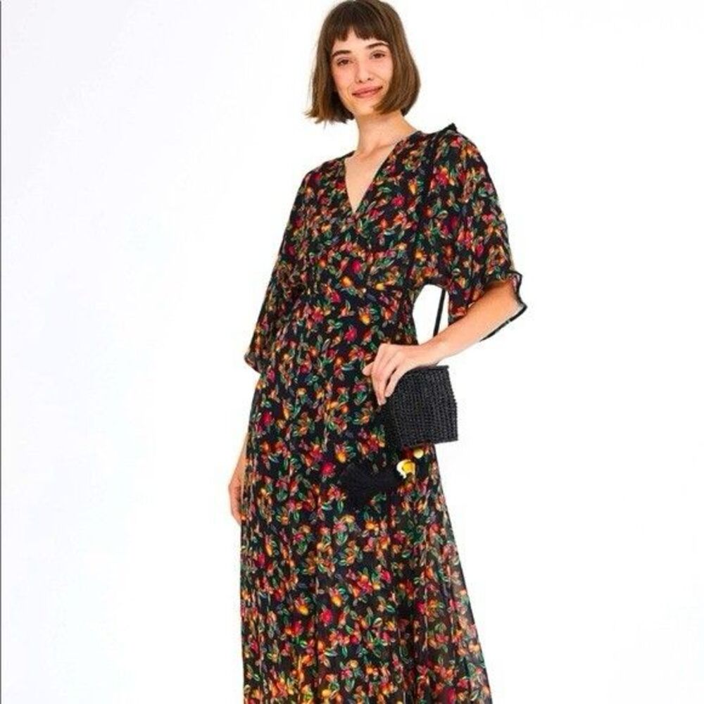 Farm Rio Anthropologie Black Multicolor Floral Cashew Print Wrap Maxi Dress XS